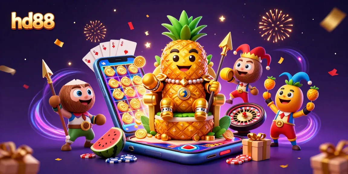 hd88 features a golden pineapple king and friends celebrating with vibrant casino elements on a tropical beach.