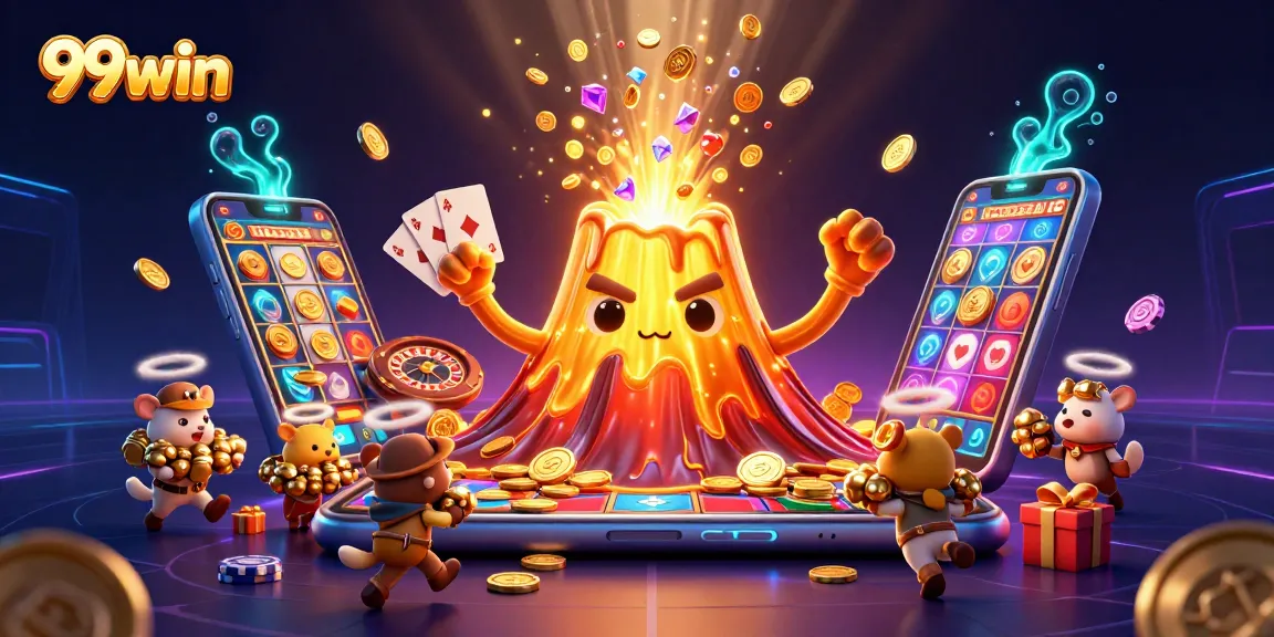 Experience thrilling 99win gameplay with a triumphant volcano and treasure-seeking explorers.