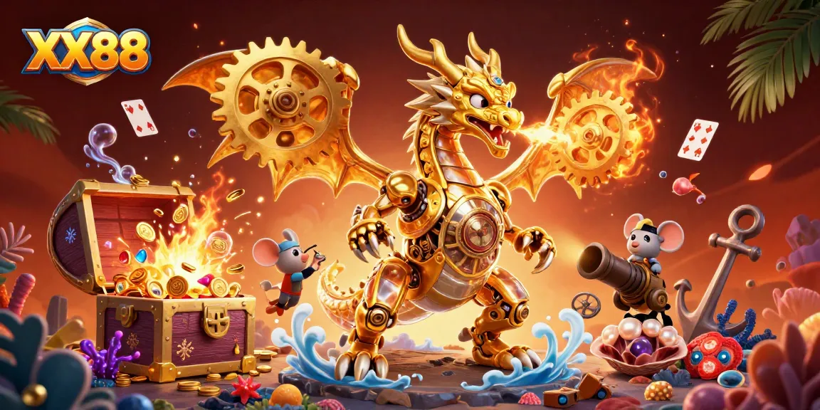 Experience thrilling gameplay with the XX88 casino golden dragon breathing gears amidst treasures.