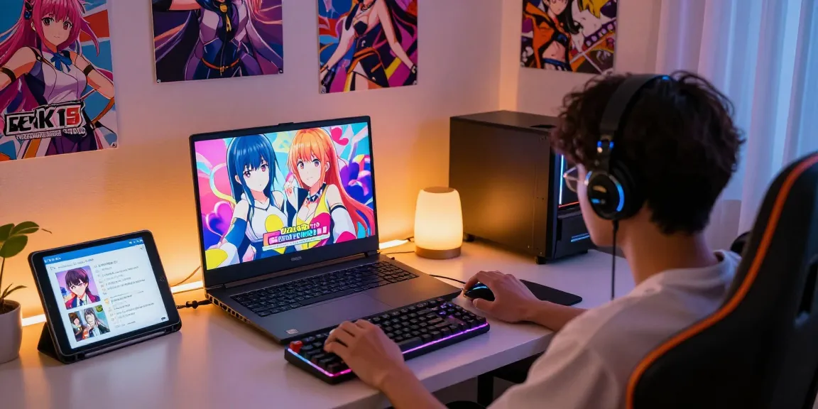 Player immersed in an ecchi simulator game in a cozy bedroom with colorful gaming accessories.