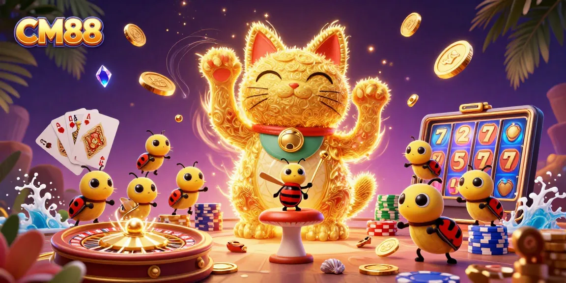 Experience the excitement of CM88 casino with a vibrant illustration of a lucky cat and dynamic gaming elements.