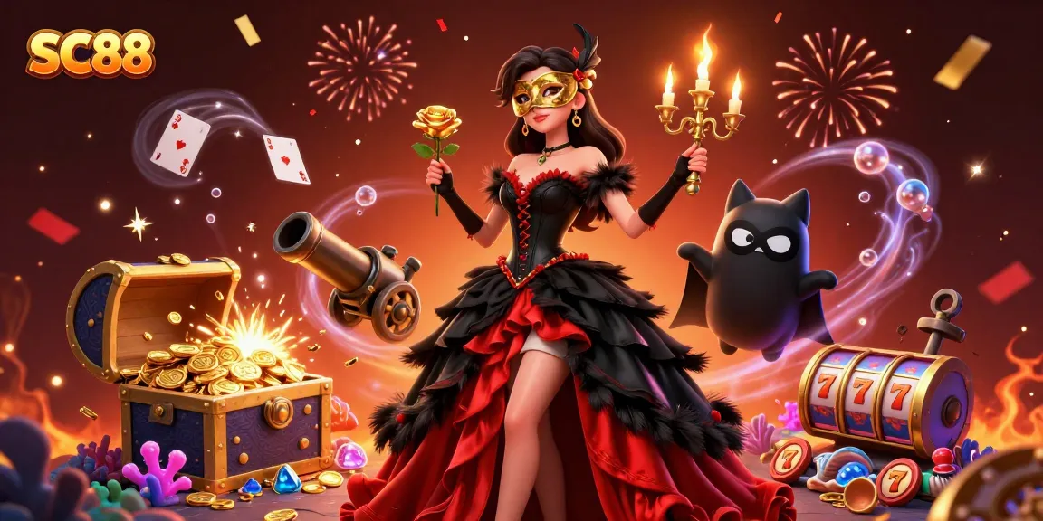 Play immersive SC88 casino games with a glamorous woman and her phantom cat companion in a vibrant, festive setting.