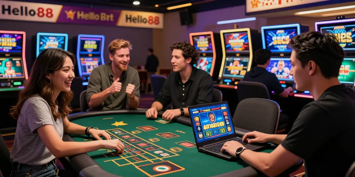 Hello88 online casino scene depicting players enjoying diverse gambling activities in a vibrant and exciting environment, showcasing the fun of online betting.