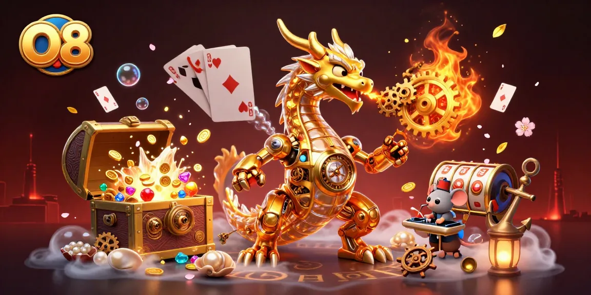 Engage with O8's thrilling 3D illustration featuring an intricate dragon and exhilarating casino elements.