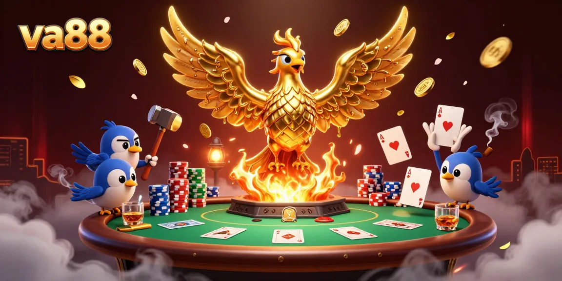 va88 showcases a molten gold phoenix at a poker table, symbolizing winning strategies in casino gaming.