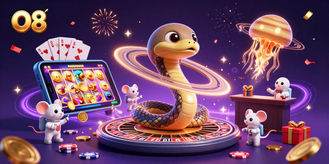 Place bets at O8 with a 3D illustration showing the cosmic dealer and engaging casino elements.