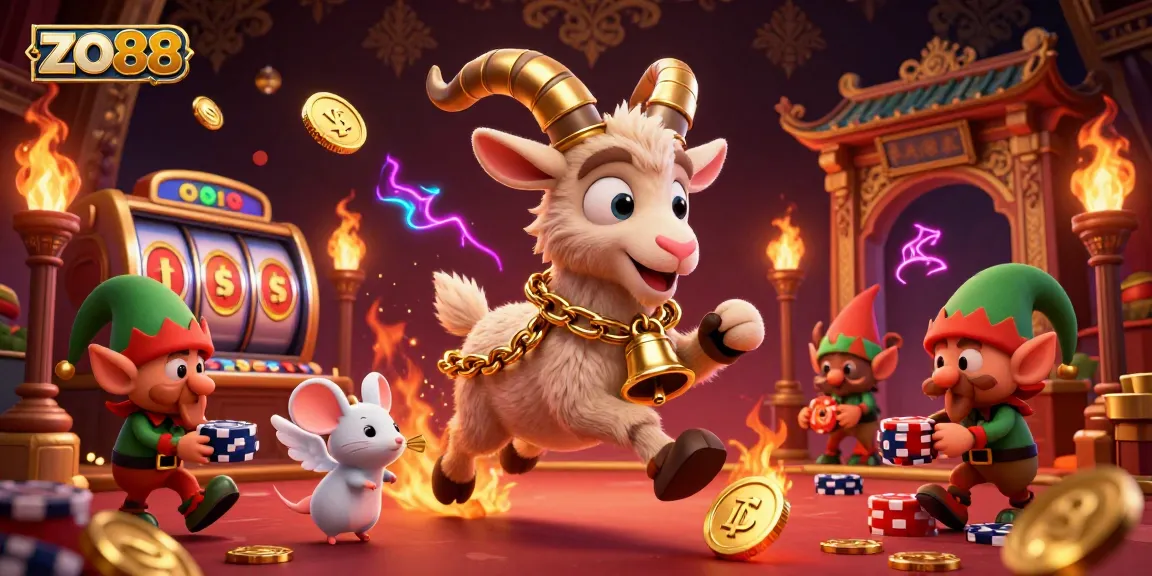 Join the festive action at zo88's horror casino, featuring magical characters amidst swirling golden coins and vibrant game elements.